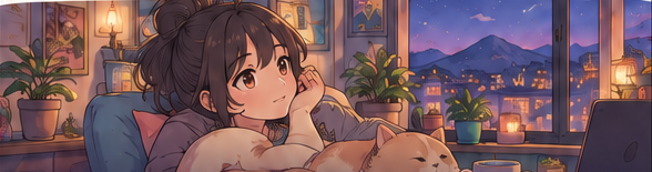 A cozy illustrated evening with a cat, a book, and a view of a lantern-lit town